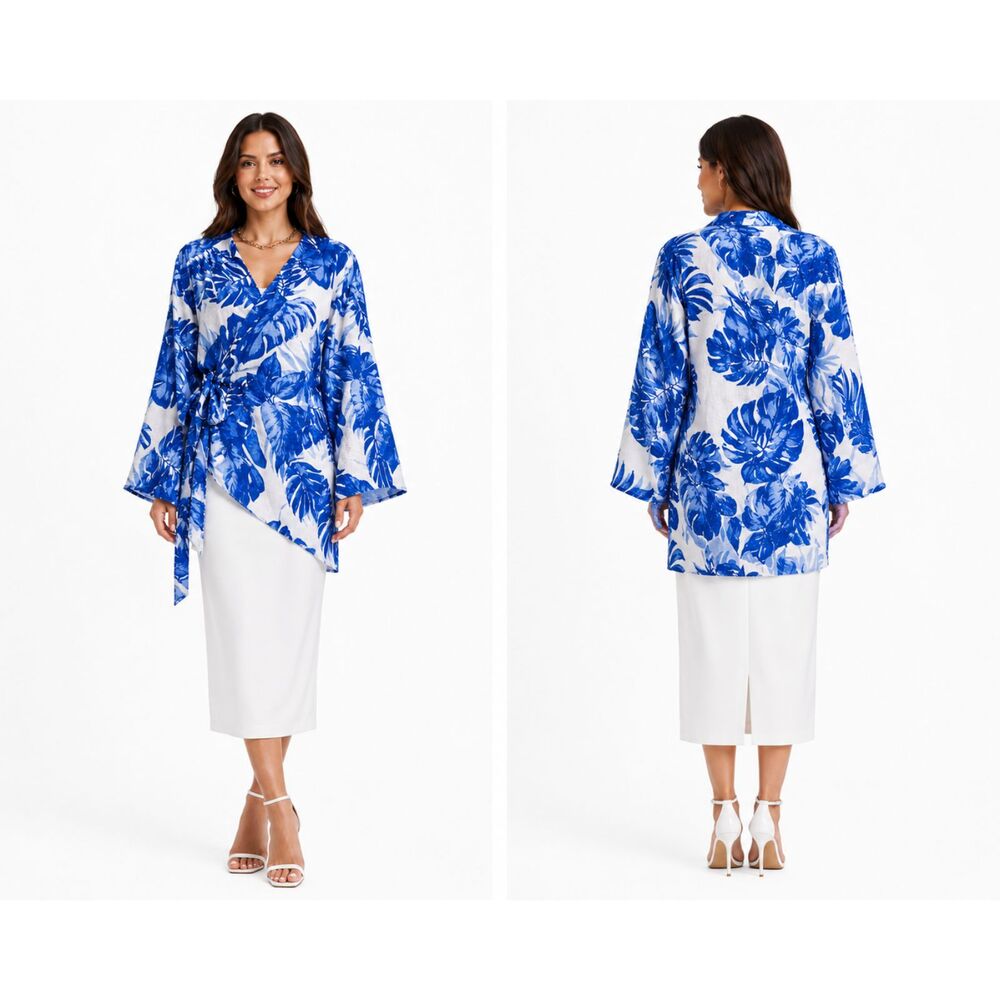 New GIGIO L 10 12 Blue White Tropical Leaves Collared Wrap Long Tunic Top Cruise